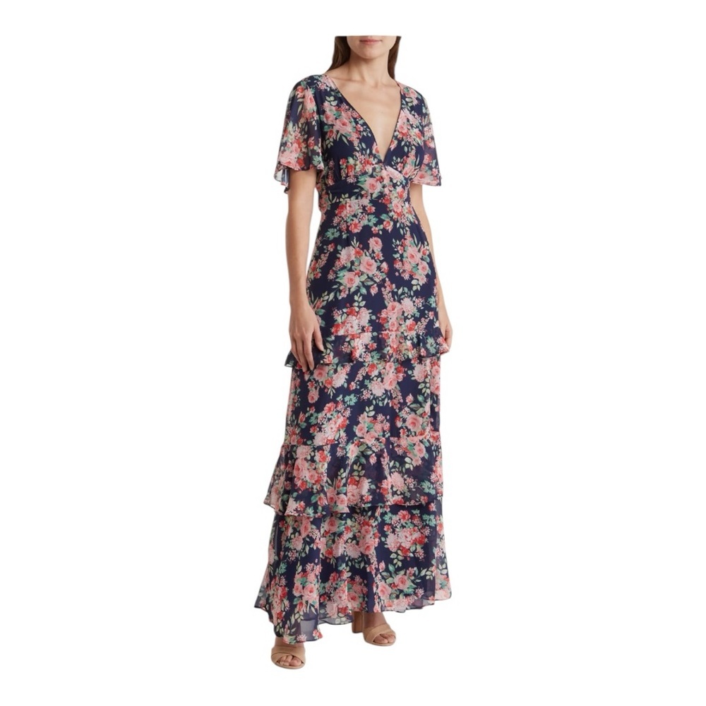 Lulus Navy Floral Maxi Dress Low Plunge Short Sleeve Womens XS